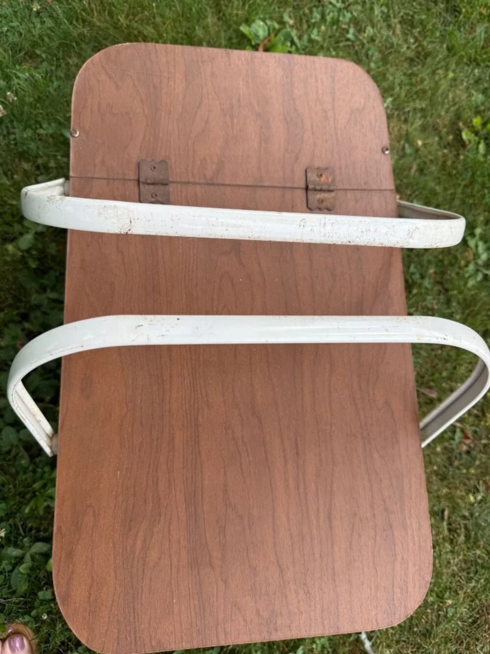 Vintage Woven Picnic Basket Wood Lid White Handles Red Blue Beige Stripes